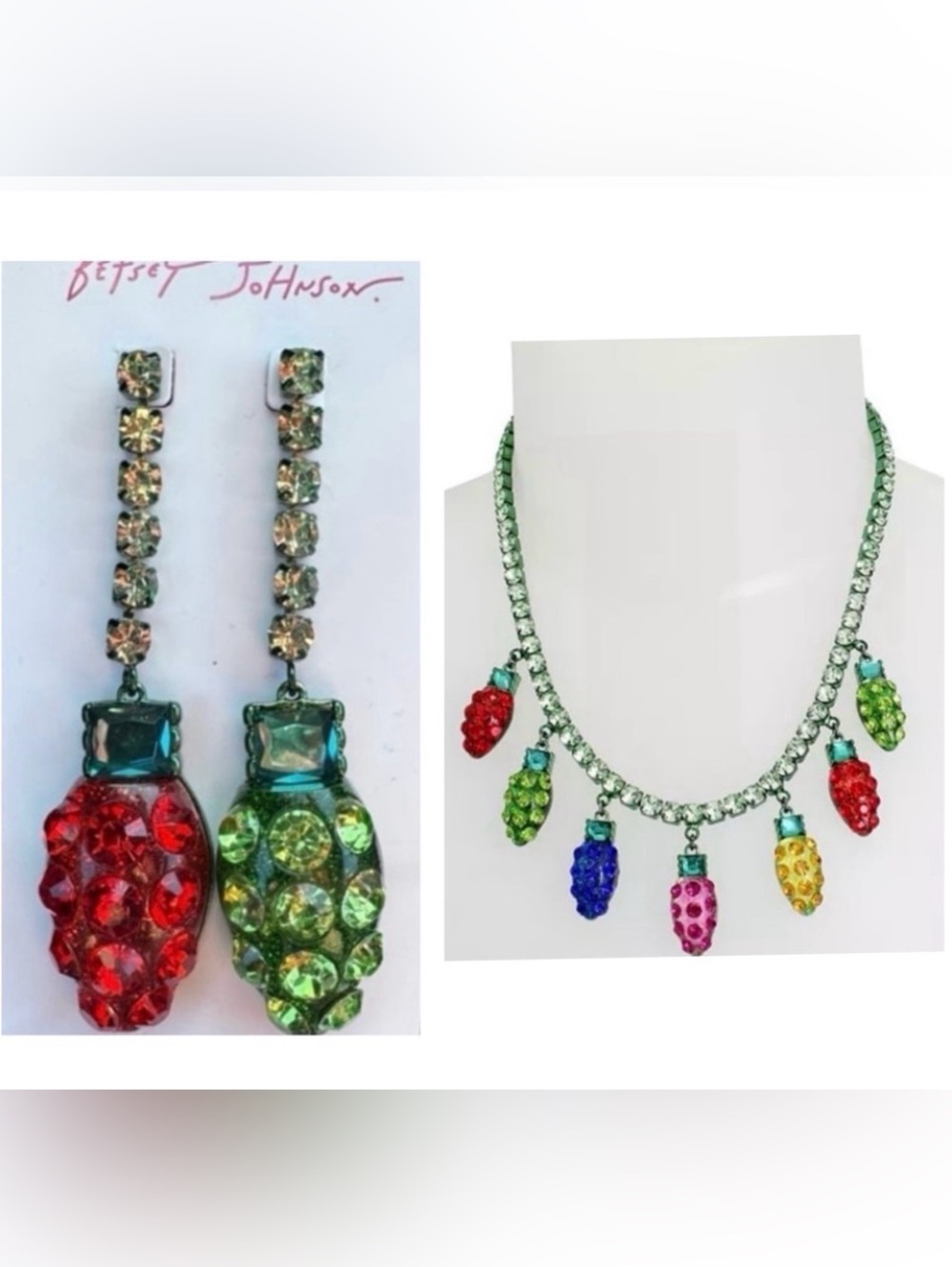 BETSEY JOHNSON SET Christmas Jingle Bell Bling Bulbs Necklace & Earrings NEW NWT